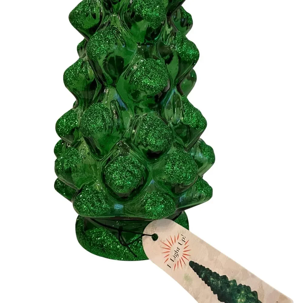 Illuminated Green Glitter Glass Christmas Tree 15.5in Chic Holiday Decor New